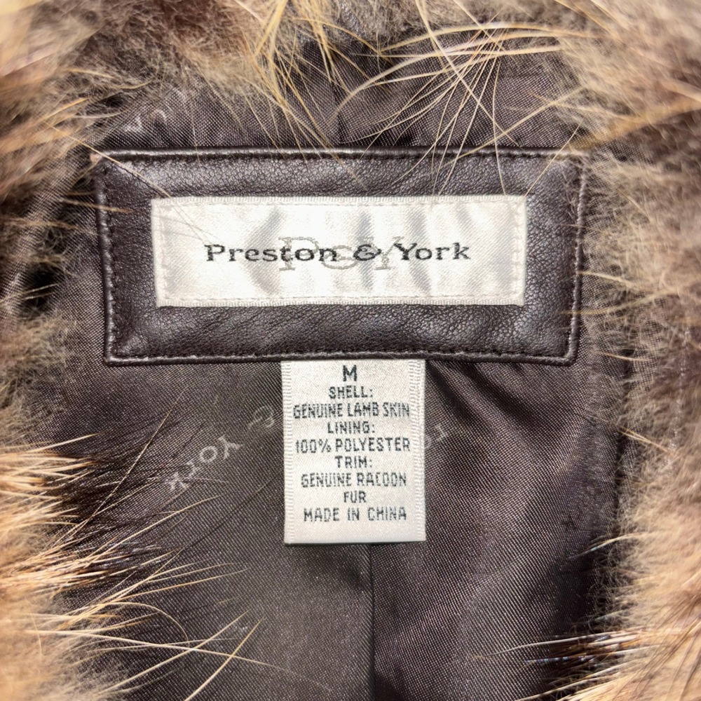 Preston & York Brown Lambskin Leather Jacket Genuine Raccoon Fur Collar Medium - Picture 3 of 11